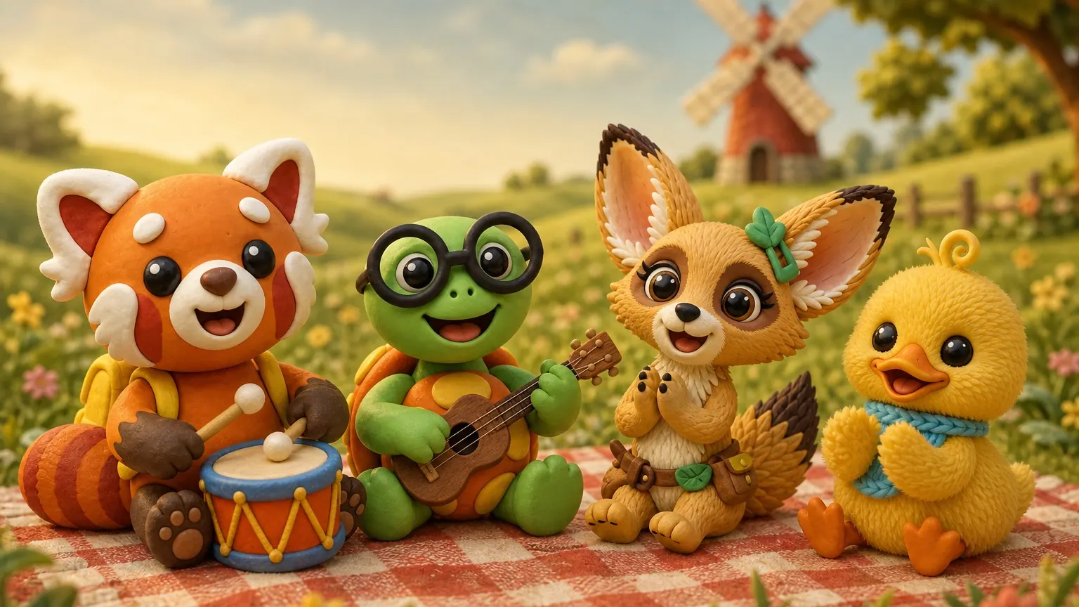 Tamkin, Bimble, Fenna and Wobble sing together on a picnic blanket