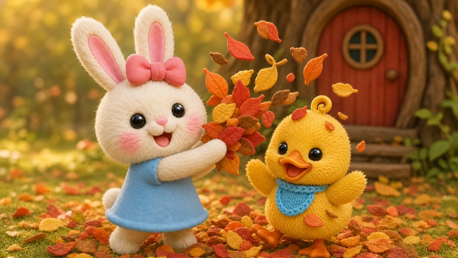 Lila tosses an armful of autumn leaves over giggling Wobble