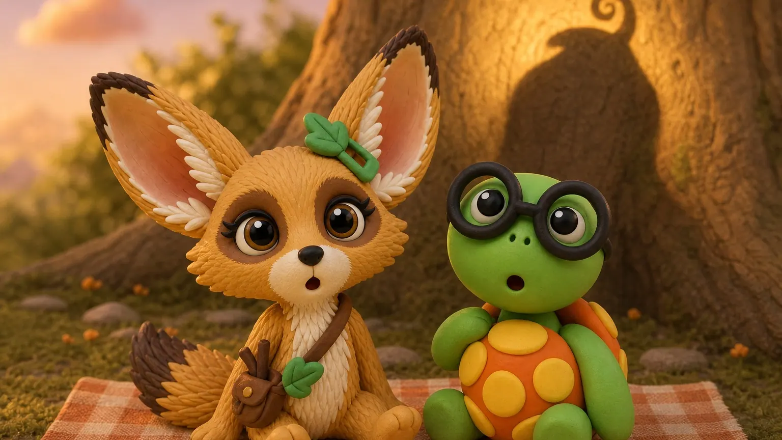 It's a cozy night picnic in Hootenhollow! 🌙 Fenna the fennec fox builds a glowing flower lamp... and suddenly a GIANT shadow appears on the old oak tree! Tamkin tries to shoo it, Lila sings it a lullaby, and Bimble hides in his shell! 🐢 Can YOU guess whose shadow it is?