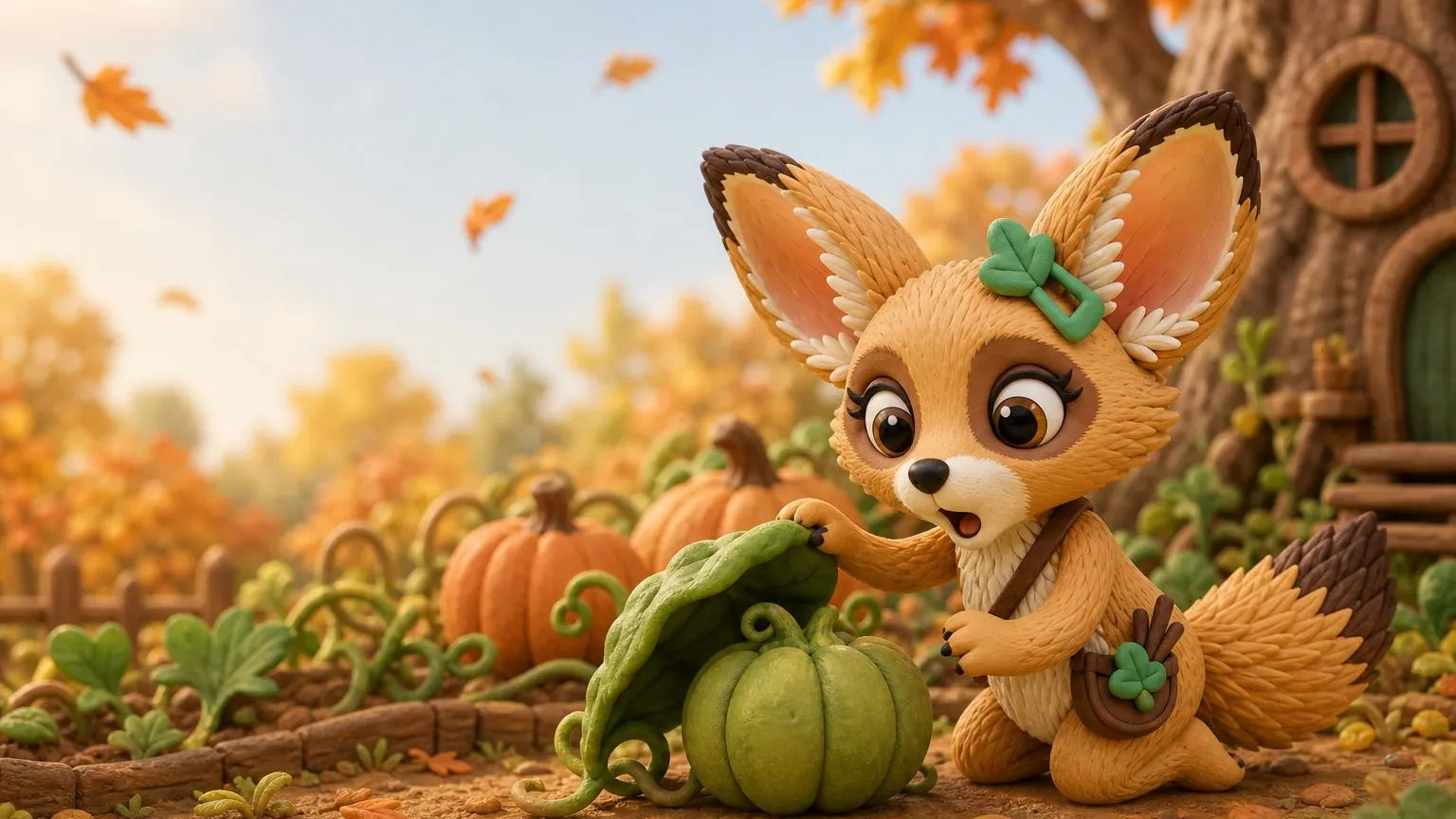 It's pumpkin picking day in Hootenhollow! 🎃 All the pumpkins are big and orange... but Fenna the fennec fox finds a tiny green one! She tries a sunny sun-catcher and a coat of orange leaves to hurry it up... and whoosh, the wind blows the leaves all over little Wobble! 🍂 Is it hard for YOU to wait?