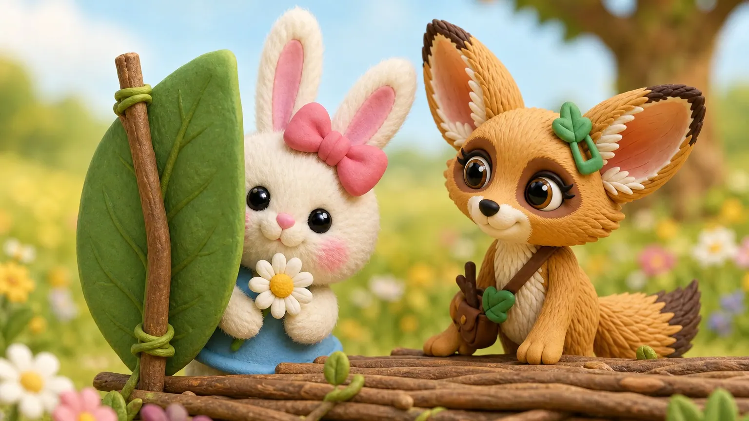 Lila peeks out shyly from behind a big leaf, holding a daisy, with Fenna beside her