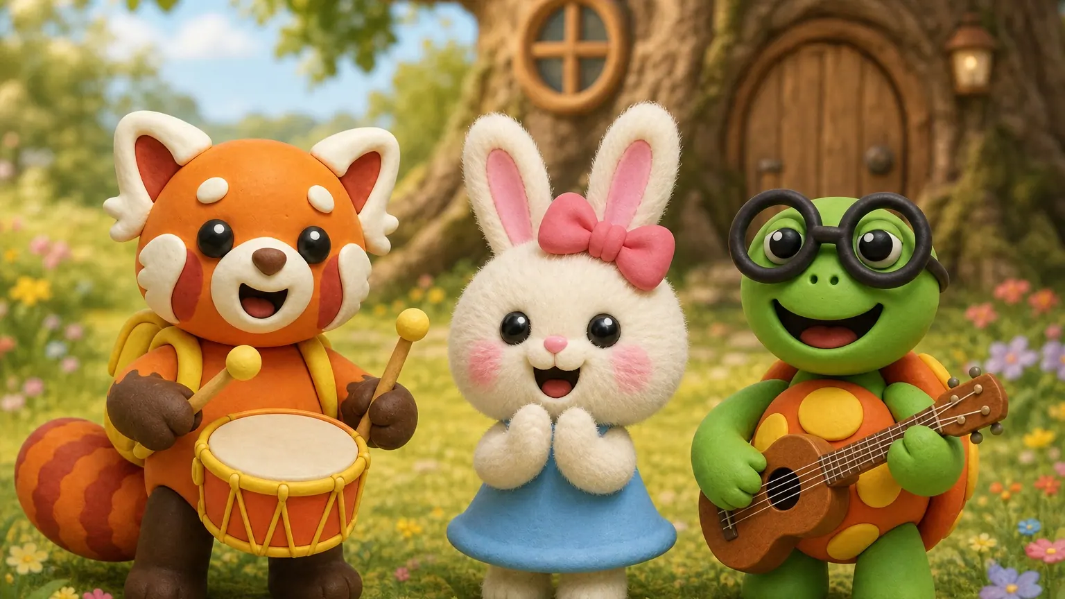Tamkin drums, Bimble strums a ukulele and Lila sings in the middle