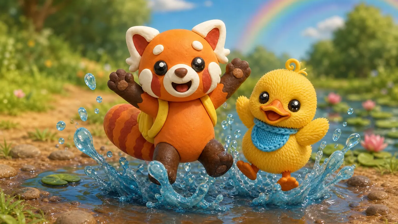 Splish, splash! ☔ Jump in the puddles with Granny Hoot, Tamkin, Lila, Bimble, Fenna and little Wobble in a cozy claymation sing-along! Pull on your red rain boots, open the umbrella with a pop, listen to the raindrops plip, plop, quack like a little duck, wiggle off the drops and look for the rainbow when the sun peeks out. 🌈