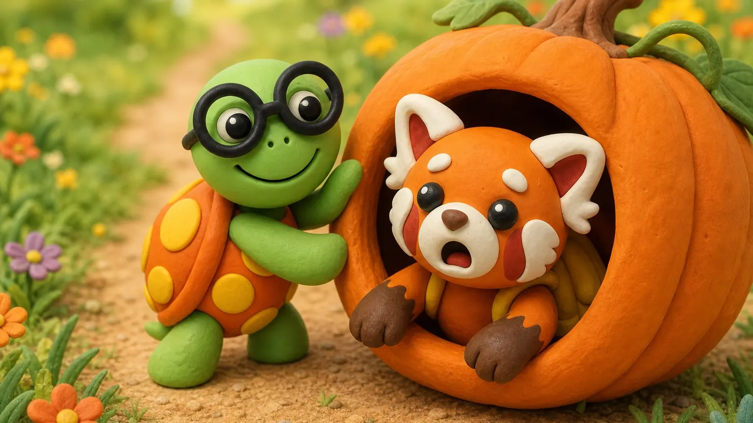 Tamkin is stuck head-first in a hollow pumpkin while Bimble smiles and helps