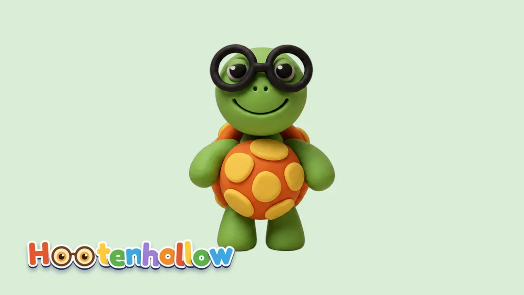 Bimble, a green clay turtle with an orange spotted shell and round black glasses, on a soft tinted background with the Hootenhollow logo
