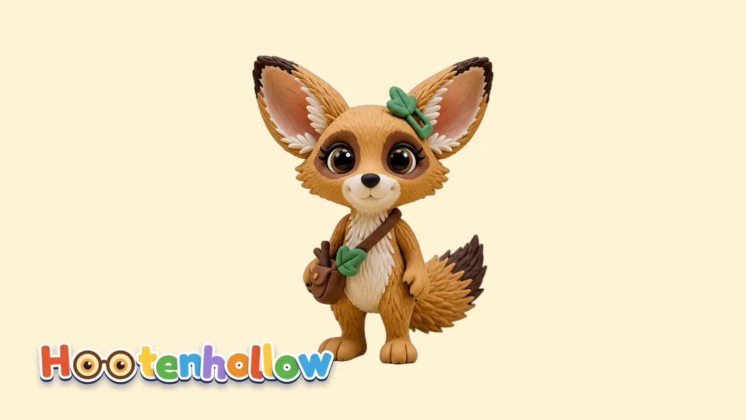 Fenna, a sandy fennec fox with huge ears, a green leaf clip and a little tool bag, on a soft tinted background with the Hootenhollow logo