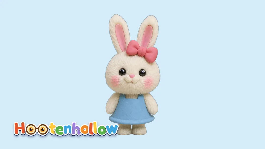 Lila, a fluffy white bunny with a pink bow and a sky-blue dress, on a soft tinted background with the Hootenhollow logo