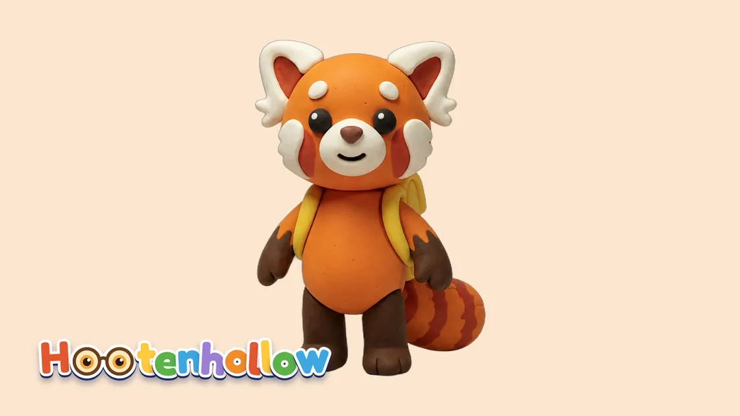 Tamkin, a rusty-orange clay red panda with a yellow backpack, on a soft tinted background with the Hootenhollow logo