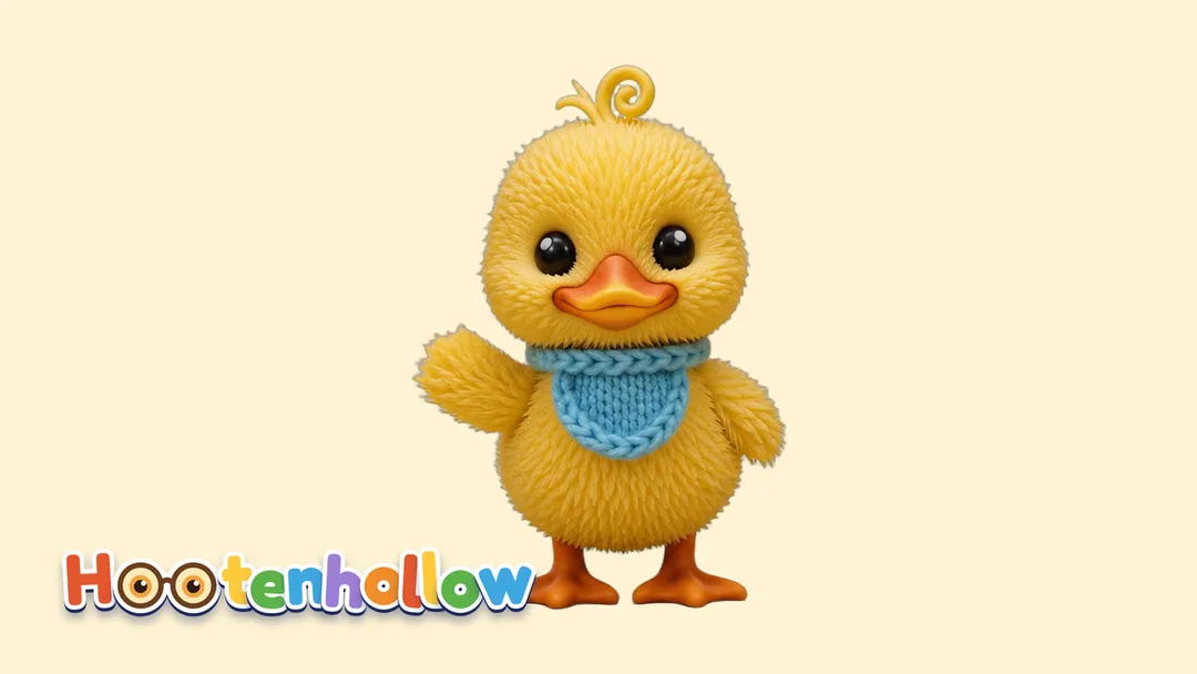 Wobble, a fluffy yellow duckling with a light-blue knitted bib, on a soft tinted background with the Hootenhollow logo